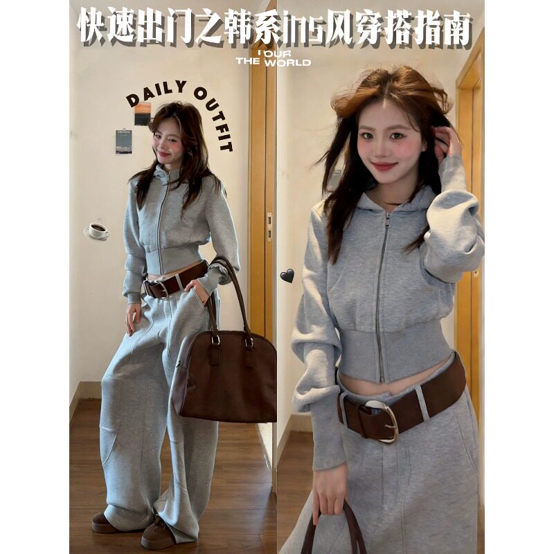 灰色短款修身外套女秋冬季加绒韩系穿搭连帽拉链卫衣收腰上衣开衫