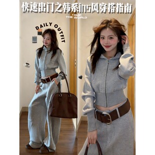 灰色短款修身外套女秋冬季加绒韩系穿搭连帽拉链卫衣收腰上衣开衫