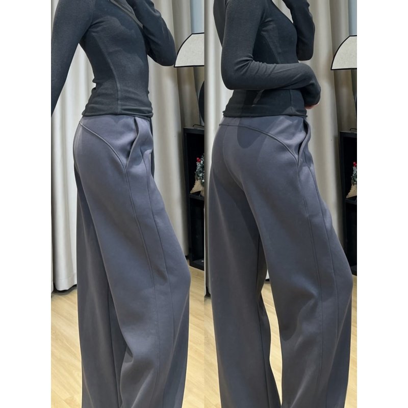 灰色运动卫裤女秋冬季高腰显瘦休闲直筒裤垂感加绒加厚窄版阔腿裤