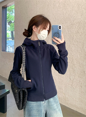 藏青色百搭连帽卫衣女秋冬加绒运动短款上衣韩版修身开衫长袖外套