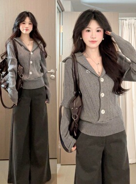 深灰色侧腰纽扣毛呢西装裤女春季新款高腰宽松显瘦垂感直筒阔腿裤