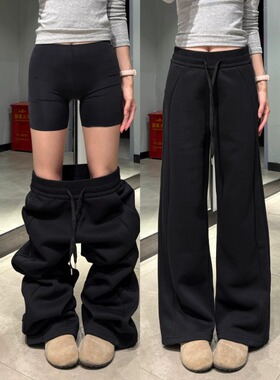 美式黑色加绒窄版运动裤女秋冬高腰宽松慵懒风卫裤休闲直筒阔腿裤
