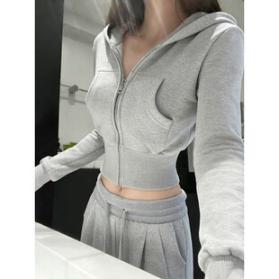 美式复古短款长袖连帽卫衣女春秋季韩系穿搭修身显瘦开衫拉链外套