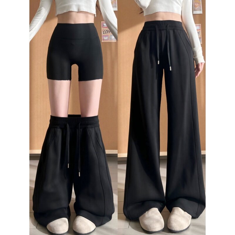 黑色加绒运动裤女秋冬季高腰显瘦慵懒风垂感卫裤休闲拖地阔腿长裤