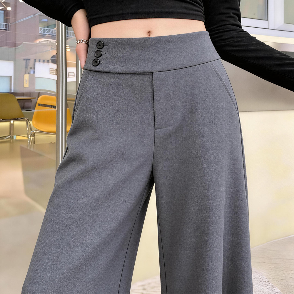 灰色侧腰西装裤女夏季新款高腰高级感垂感纽扣直筒显瘦拖地阔腿裤