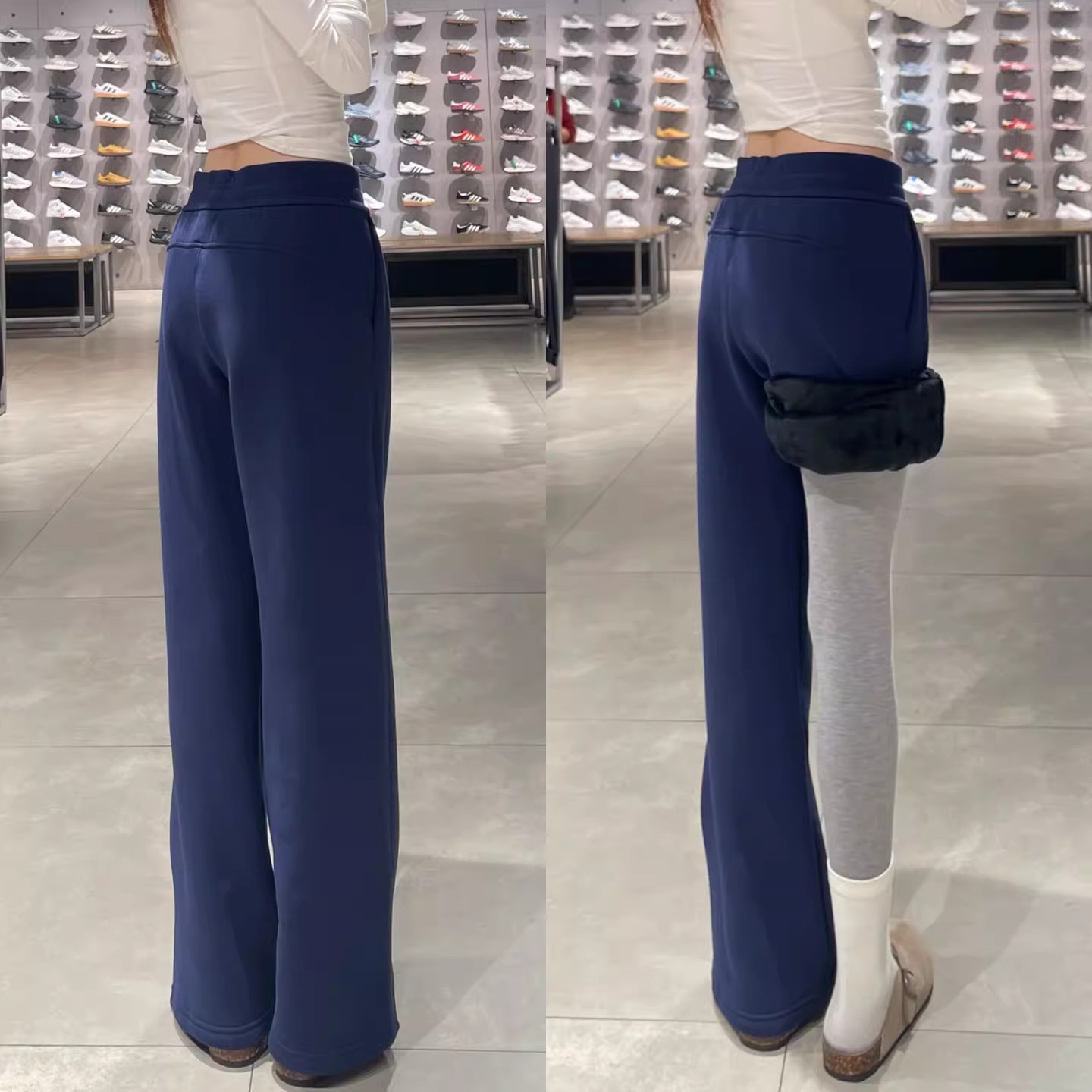 藏青色窄版加绒直筒卫裤女秋冬季高腰垂感显瘦宽松休闲运动阔腿裤