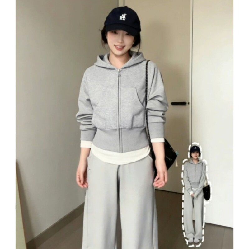 灰色短款连帽卫衣拉链外套女冬季修身小个子开衫加绒上衣韩系穿搭