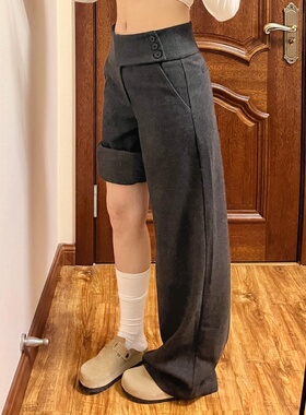 深灰色高腰显瘦毛呢西装裤女秋冬新款侧腰纽扣设计宽松垂感阔腿裤