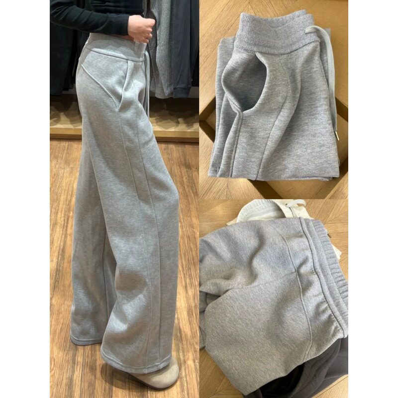 浅灰色阔腿窄版运动裤女春秋高腰宽松慵懒风垂感显瘦休闲直筒卫裤