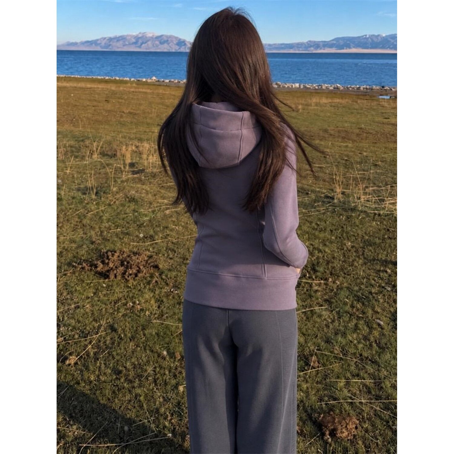 美式紫色正肩外套女秋冬季加绒韩