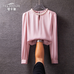 高级感气质小衫 法式 2025春秋新款 女长袖 内搭雪纺上衣 粉色缎面衬衫