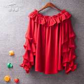 红色性感一字领雪纺衬衫 小众女神范纯欲气质洋气小衫 女春夏款 法式