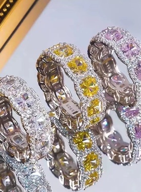 PT950铂金D色莫桑石公主肥方排戒简约不掉色方钻食指指环潮纯银女