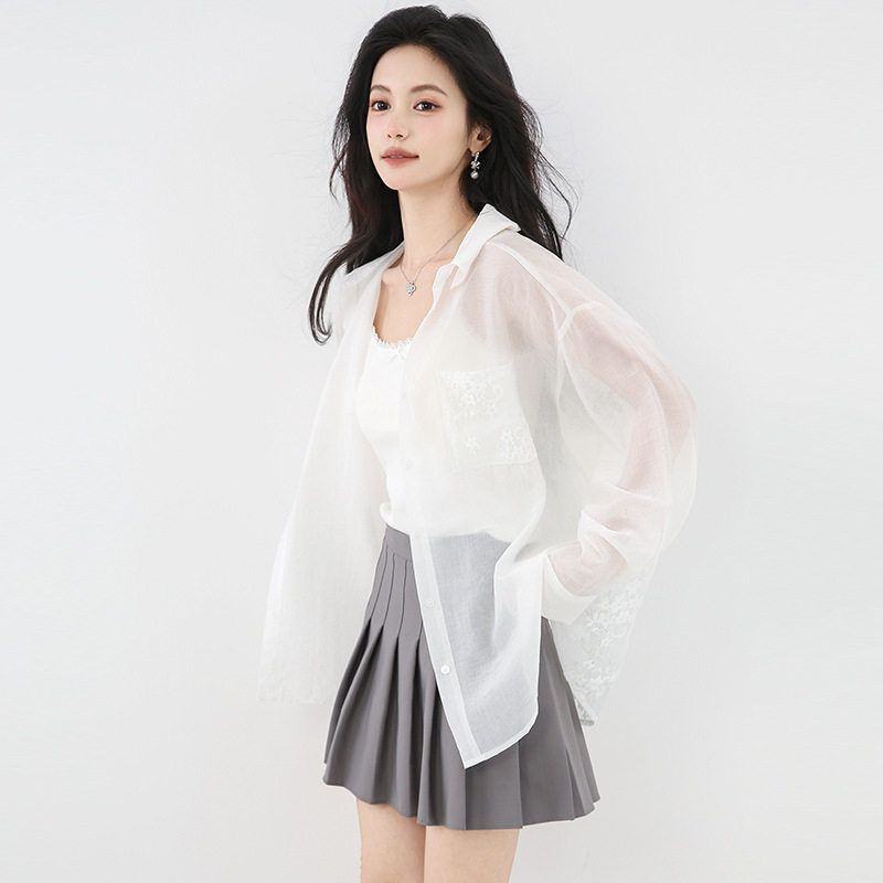 网纱衬衫透气防晒上衣薄款白色蝴蝶结蕾丝衬衣女夏季2025长袖外套