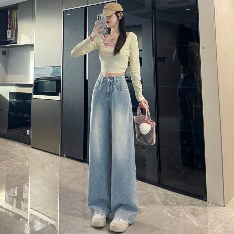 春夏小个子宽松直筒加长格子阔腿裤复古裤子2025高腰显瘦牛仔裤女