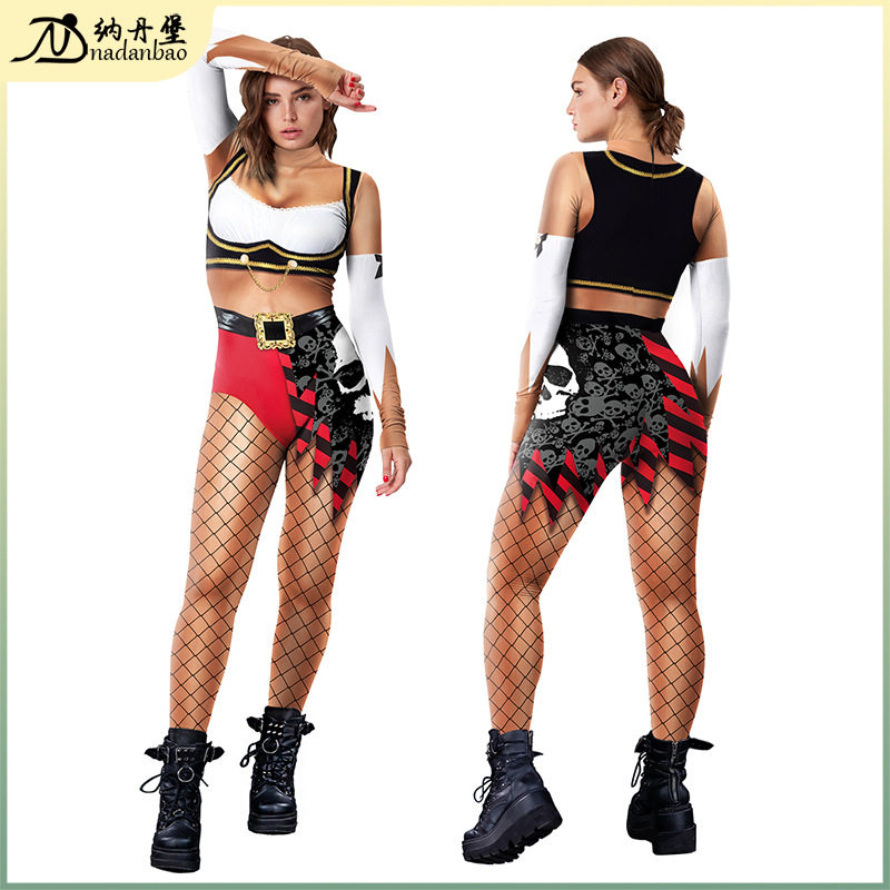 新款外贸跨境海盗系列万圣节服装时尚网袜3D数码印花女士连体裤女属于什么档次？