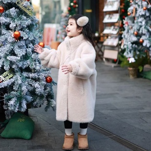 2025新款女童时尚仿水貂绒皮草保暖毛毛衣皮毛一体中长款外套儿童
