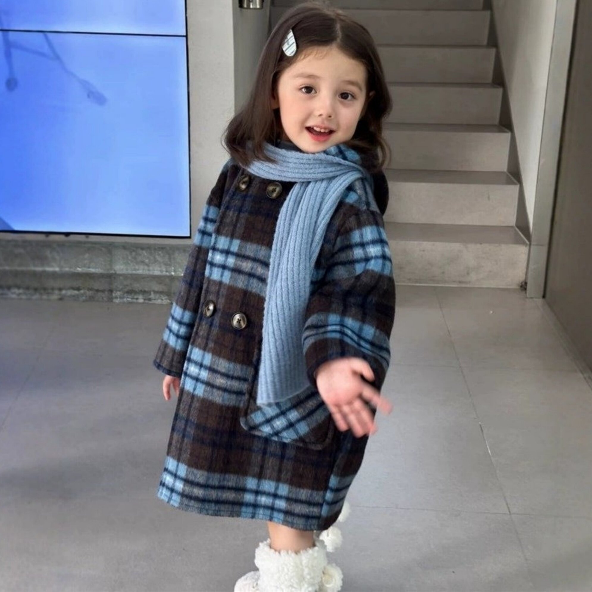 女童纯棉软儒气质格子毛呢外套
