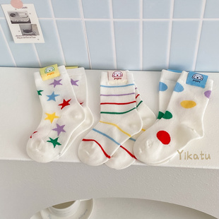 儿童袜子伊卡兔正品26春夏新彩虹星星波点条纹中筒无骨网眼袜9029