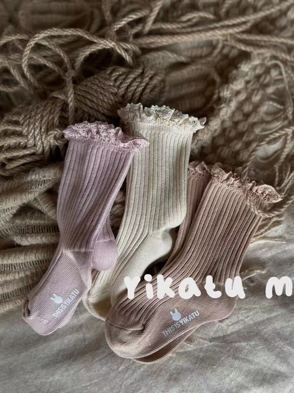 伊卡兔7102儿童袜子2024秋款新款三色布花边童袜坑条公主袜韩范