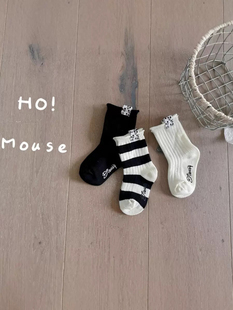 伊卡兔正品童袜2025秋冬新款卡通米奇布标条纹中性中筒黑白8152