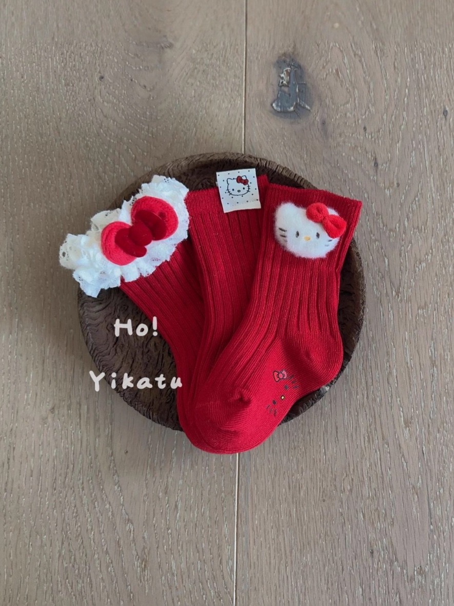 儿童袜子伊卡兔新年KT猫花边布标蝴蝶结甜美节日氛围感喜庆7306-1