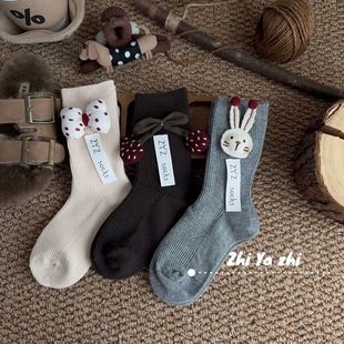 儿童袜子织吖织童袜原创设计师款 森系秋冬中筒小兔蝴蝶结女童094