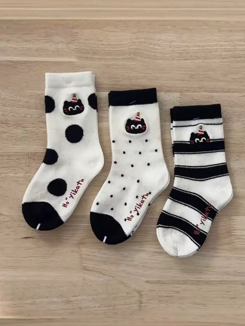 儿童羊毛袜伊卡兔童袜中长筒刺绣小猫男女同款条纹波点羊毛袜8179