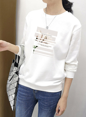 圆领无帽卫衣女2025春秋新款薄款bf风宽松白色加绒加厚上衣秋冬潮