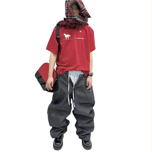 2025新款美式复古法拉利红小马印花短袖T恤男女宽松休闲上衣韩版