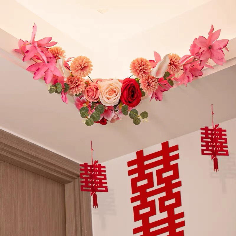 婚房布置客厅屋顶四角仿真花艺婚礼结婚订婚装饰婚庆门框屋顶墙角