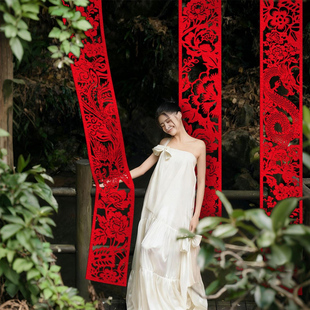 婚房布置植绒剪纸长条喜字挂饰出嫁囍字拍照道具晨袍婚礼装饰结婚