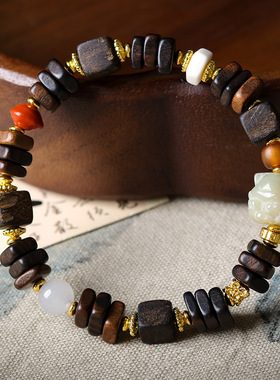 原创设计达拉干沉香木手串文玩菩提根九尾狐天山翠新中式转运手链