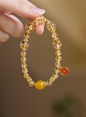 天然黄水晶手串金发晶黄塔晶黄阿塞国潮风转运手饰手链女串珠首饰