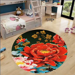 红色牡丹防滑垫床边阳台飘窗圆地垫摇钱树喜庆硅胶条底地垫 新中式