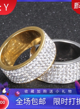 新款厂家 欧美时尚8MM五排镶钻不锈钢戒指指环个性百搭对戒饰品女