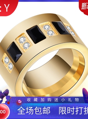 新款欧美个性简约12MM镶钻18K金不锈钢戒指锆石情侣对戒女