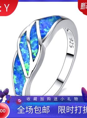 戒指 两片叶子蓝色欧泊澳宝指环欧美时尚欧泊澳宝戒指创意