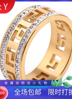 新款厂家欧美8mm18K金不锈钢镂空长城状个性双排镶钻不锈钢戒指女