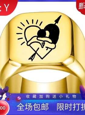 新款欧美跨境创意一箭穿心钛钢戒指男女拥抱复古方形18MM情侣指环