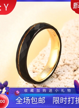 新款欧美跨境简约18K金凹槽黑色菱形4 6MM时尚个性钨钢戒指女