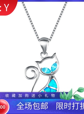 新款欧美时尚饰品跨境两颗水蓝色钻+蓝色澳宝猫咪吊坠项链