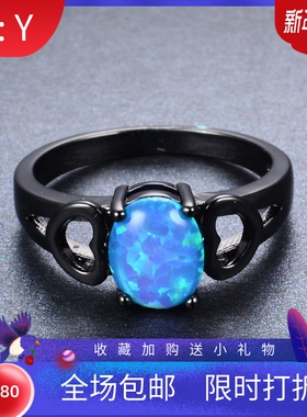 新款欧美跨境黑金蓝色椭圆澳宝+边黑色心镂空形百搭戒指