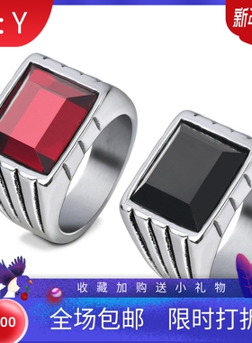 新款欧美复古宫廷ins时尚简约方形红黑宝石戒指个性潮流钛钢戒指