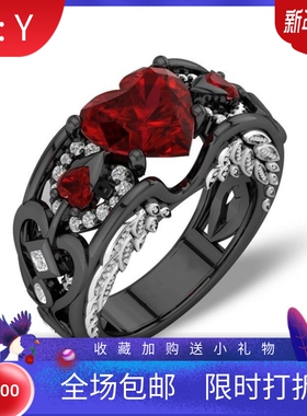 新款热卖欧美红心水晶订婚天使戒指 欧美红色宝石天使戒指