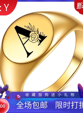新款欧美不锈钢12MM简约个性26英文字母玫瑰花字体18K金铸造戒指
