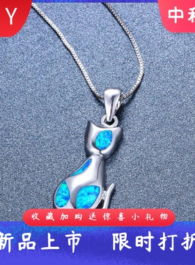 新款跨境日韩风饰品蓝色澳宝猫咪项链吊坠女时尚百搭设计感锁骨链