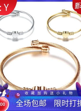 新款跨境欧美三色不锈钢爱心11MM电缆线电缆线钛钢开口简约时尚手
