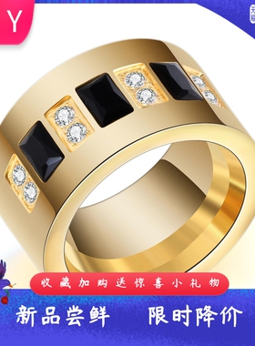 新款跨境欧美个性简约钛钢12MM镶钻不锈钢戒指锆石情侣对戒女
