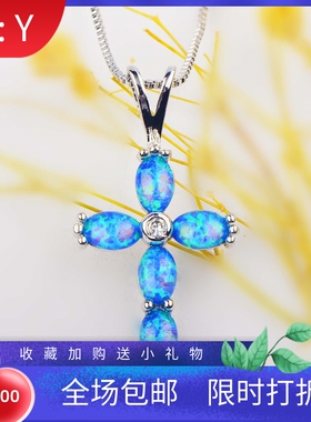 新款 亚马逊 ins风 蓝色澳宝十字架吊坠澳宝项链饰品镶进口欧泊